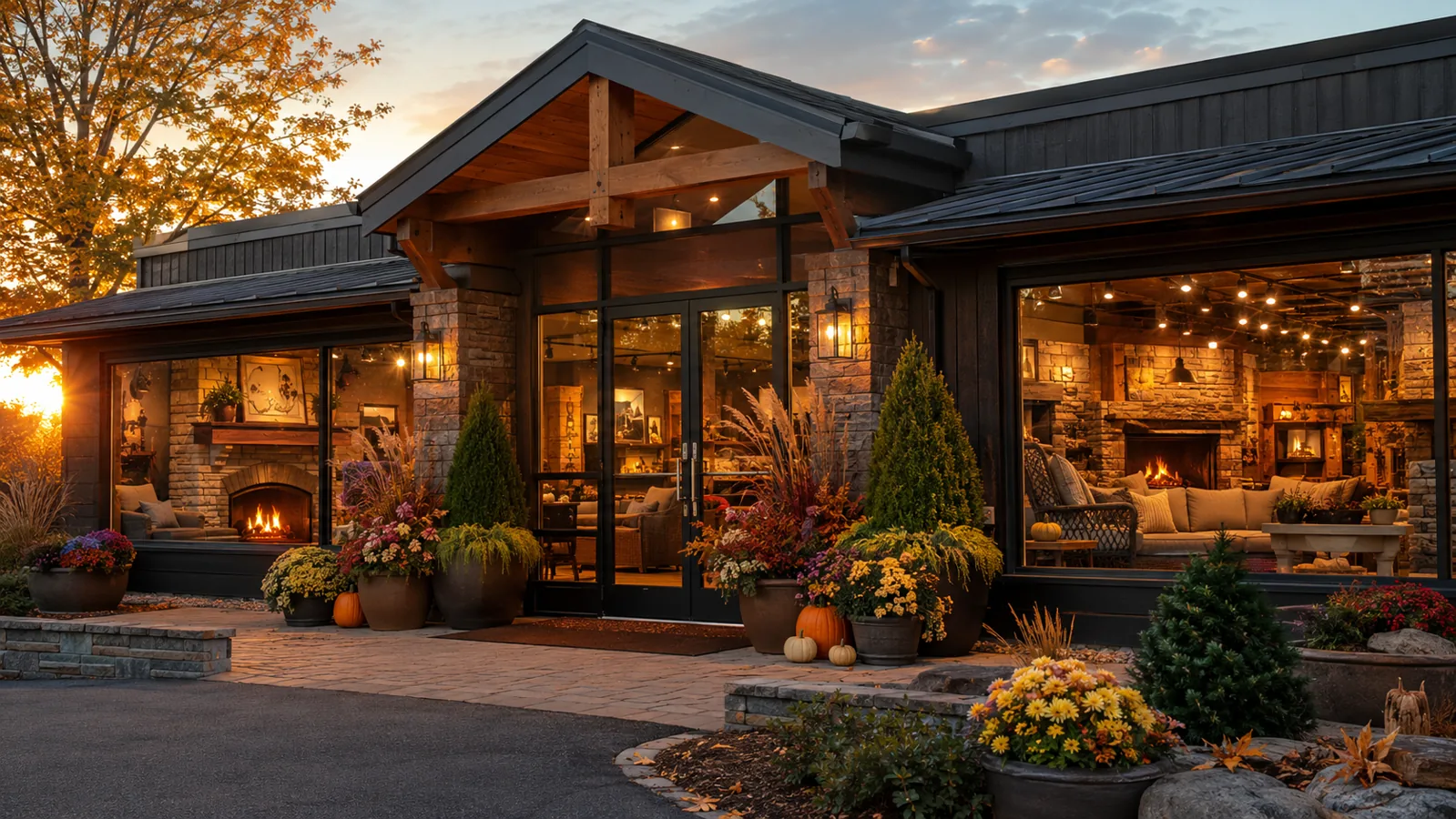 Warm inviting hearth and patio showroom exterior at sunset