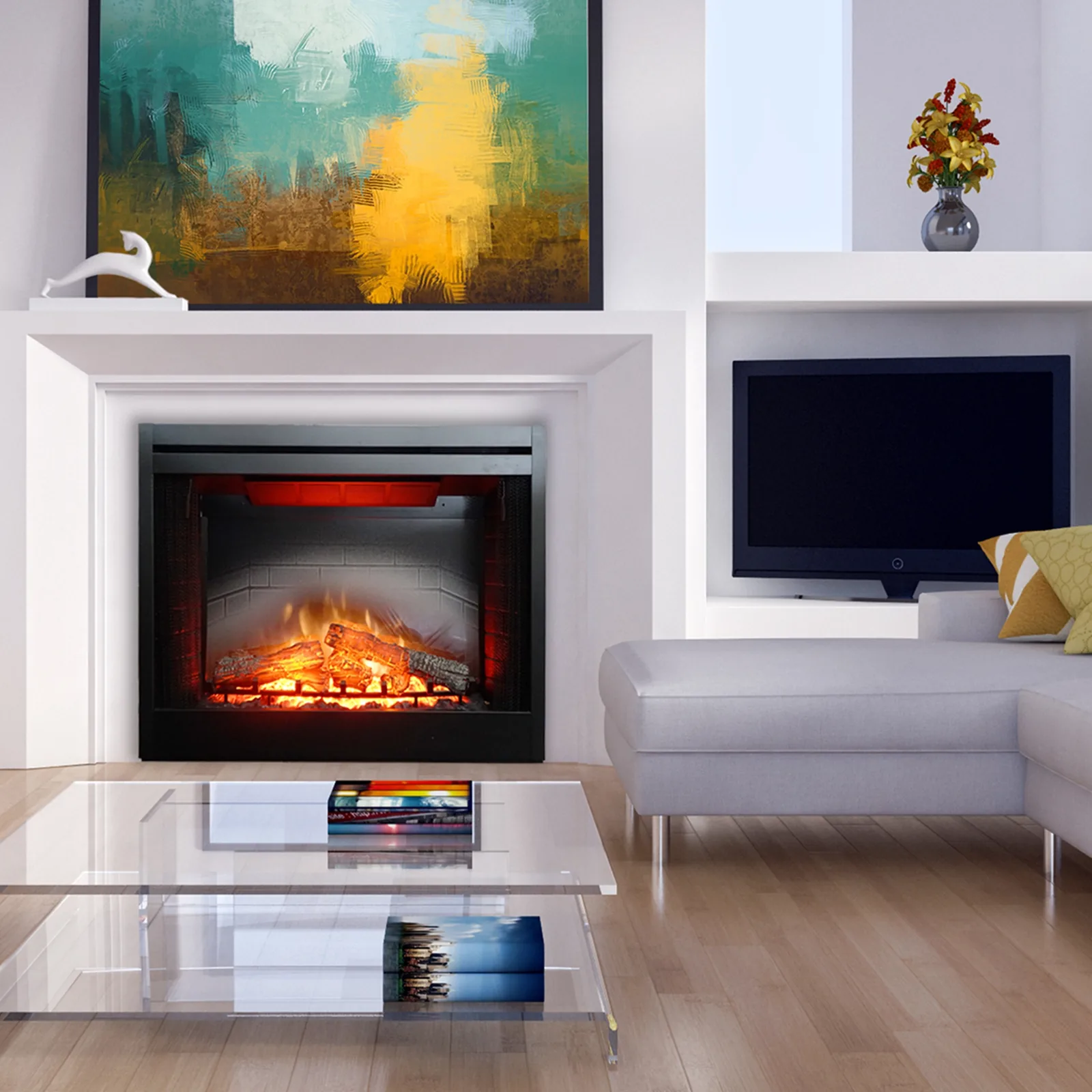 White Mountain Hearth (Empire) Nexfire Electric Fireplace — Nexfire traditional electric fireplace — white room, left view