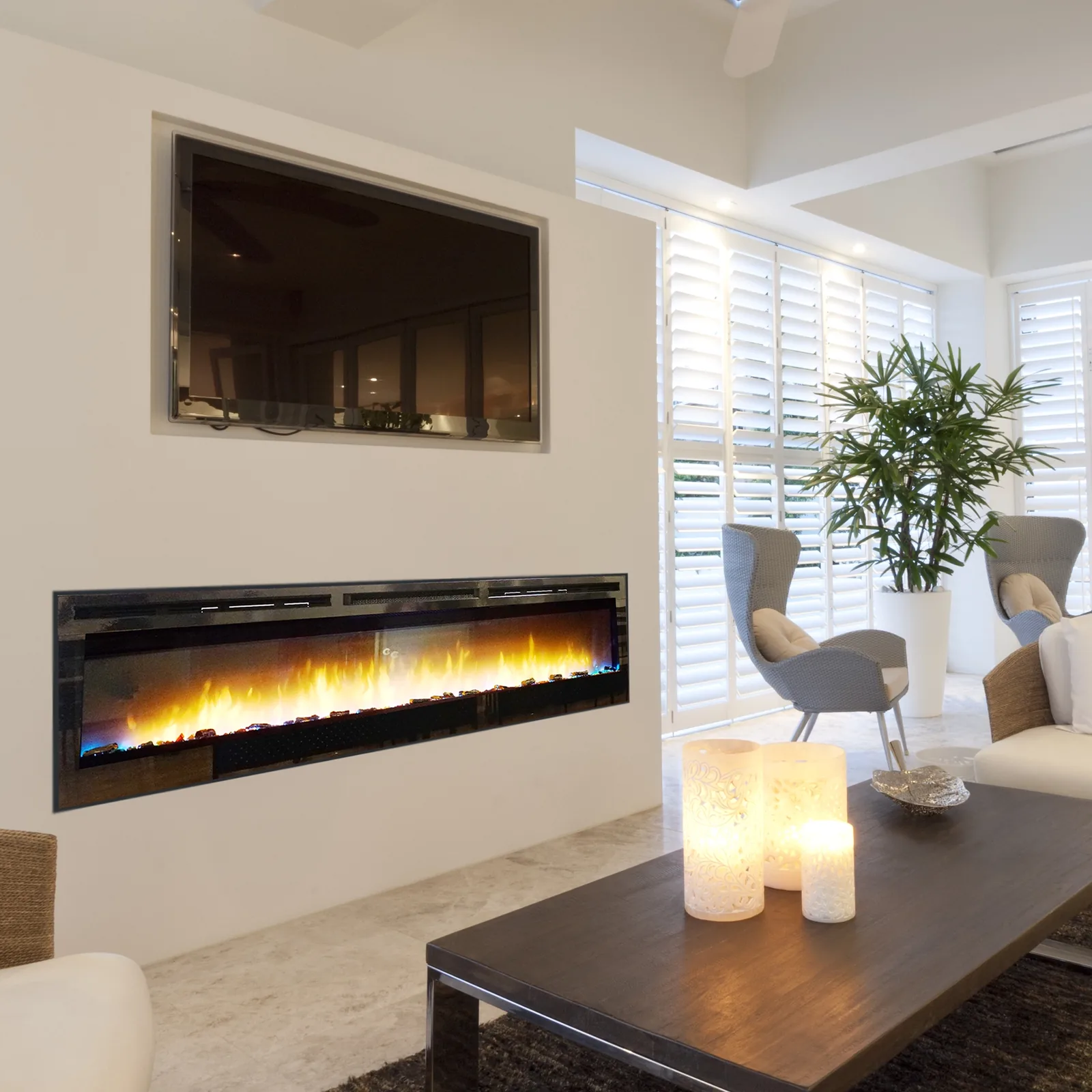White Mountain Hearth (Empire) Nexfire Linear Electric Fireplace — Nexfire Linear 74-inch electric fireplace — left room view