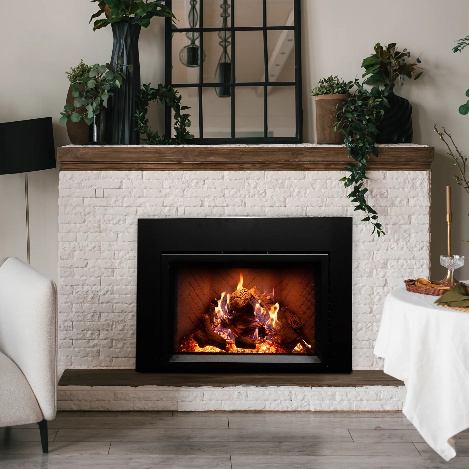 White Mountain Hearth (Empire) Rainier Premium Insert — Rainier Premium insert with oak log presentation