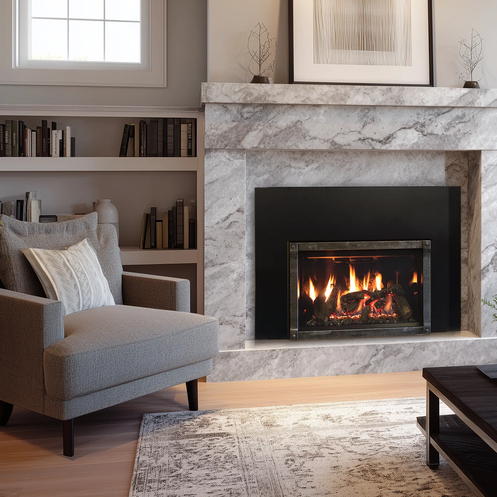 White Mountain Hearth (Empire) Rushmore Direct Vent Insert — Rushmore insert Charred and reflective-glass close view