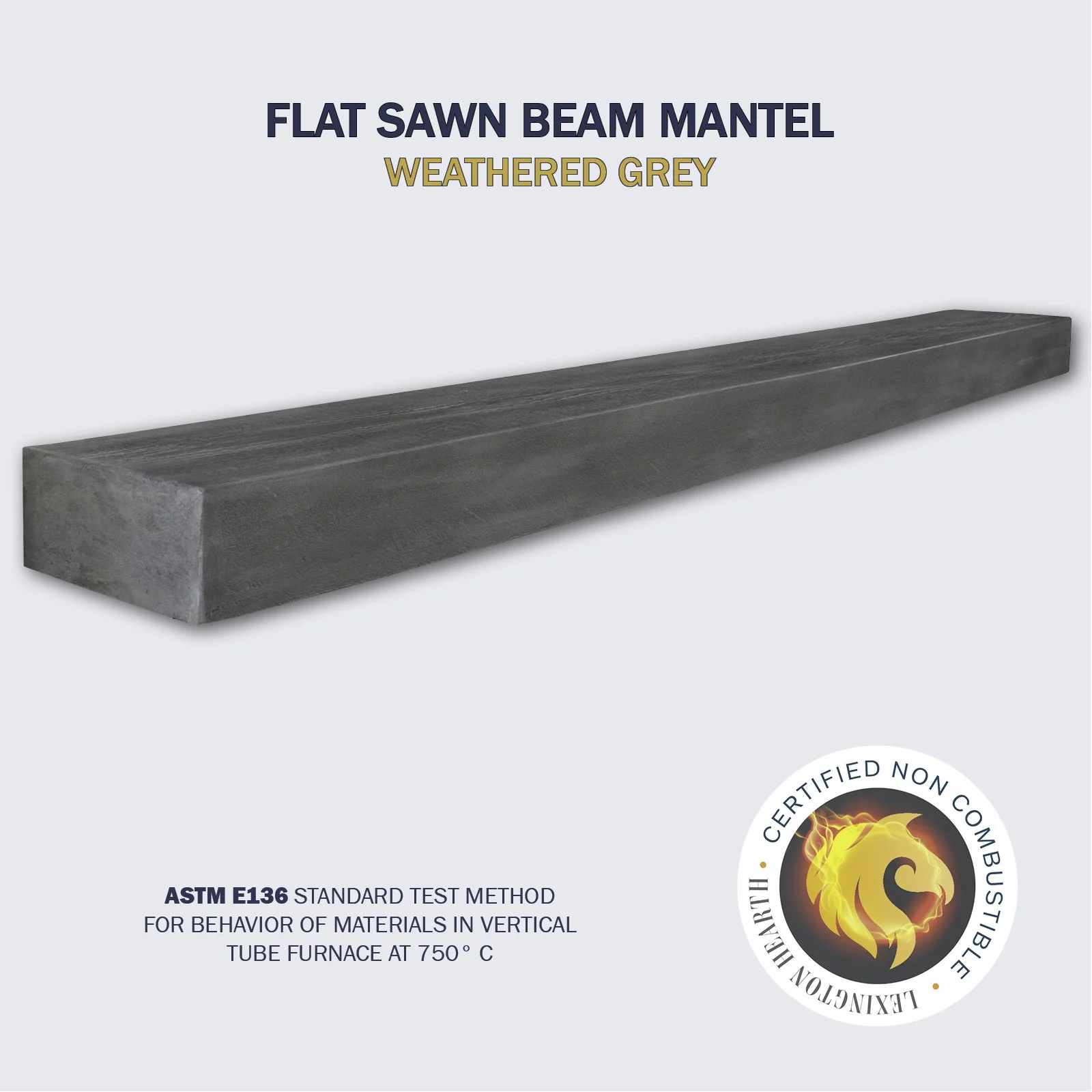 Lexington Hearth Flat Sawn Beam Non-Combustible Mantel — Weathered Grey finish