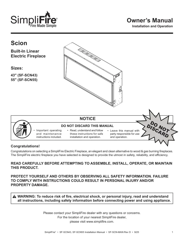 SimpliFire Scion Electric Fireplace — official catalog page