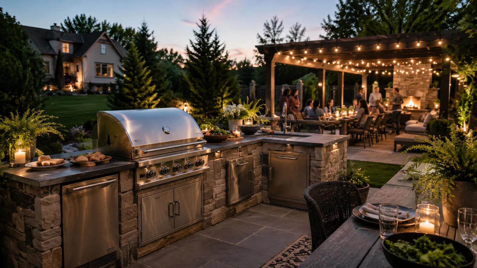 Luxury outdoor kitchen, covered patio and fireplace at dusk