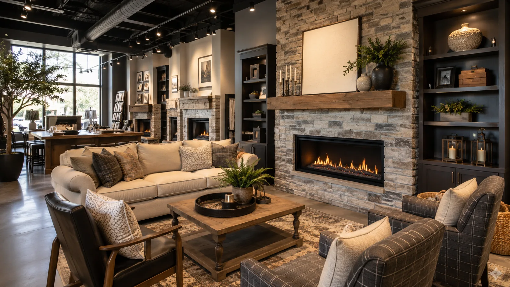 Luxury hearth showroom with stone fireplace and seating